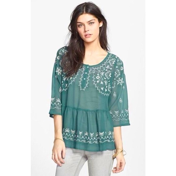 Free People Turquoise Embroidered Sheer Blouse Top - Picture 2 of 9